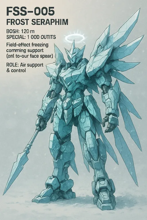 Prompt: FSS-005 — Frost Seraphim

* **Boy:** 120 m
* **Üretim:** 1.000 adet
* **Özel:** Alan etkili dondurma, komuta desteği (hava-üstü mızrak)
* **Rol:** Hava destek & kontrol