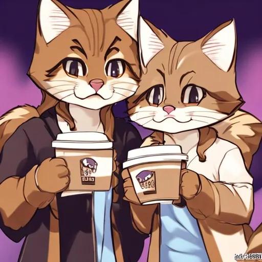 Prompt: two anime bobcats holding coffee