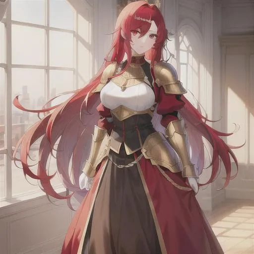 Prompt: (masterpiece, illustration, best quality:1.2), girl, full body, solo, pale skin, toned body, stray hairs, calm demeanor, vibrant red eyes, vibrant red hair, bright Long red hair, red hair, long pony tail, long side fringe, beautiful white hair tips, wearing a beautifully attractive plate armor , finely detailed,  detailed face, toned face, beautiful detailed eyes, beautifully detailed very generous attractive body, beautiful tonified and strong abdomen, visible beautifully detailed deep cleavage, beautiful detailed chest, beautiful detailed legs, beautiful detailed feets, beautiful detailed those, beautiful detailed nails, detailed black high heels, attractive look, attractive pose, beautiful red lipstick, detailed shading, beautifully detailed background, modern background, sharp focus, absurdres, highres, cinematic lighting, street photography, macro detailed shading, smooth soft detailed skin, {{hyper detailed}}, photo realistic, {{{masterpiece}}}, glowing light, detailed background, hair between eyes, dynamic angle, library, 4K, HDR, perfect eyes