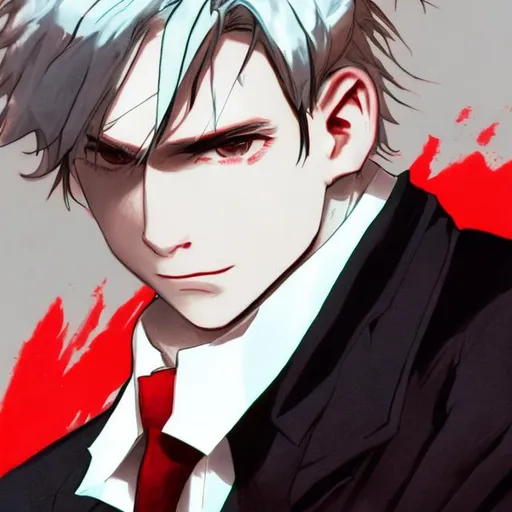 Prompt: pale young man with messy white hair, wearing black suit with white shirt and red tie, has black gloves, carrying a knife and gun