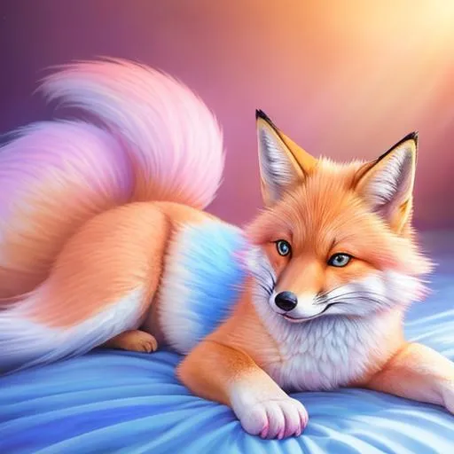 Prompt: peach colerd fox, realistic, epic oil painting, pastel colors, large round blue eyes, hyper detailed eyes, (hyper real), furry, (hyper detailed), photorealism, extremely beautiful, (on back), sprawled, paws in the air, playful, raised paws, UHD, studio lighting, best quality, professional, extremely beautiful, glistening pink fur, billowing silver mane, glistening silver mane, highly saturated colors, thick oil texture, masterpiece, ray tracing, 8k eyes, 8k, highly detailed, highly detailed fur, hyper realistic thick fur, (high quality fur), fluffy, fuzzy, (plump:1.7), (cute fangs, open mouth:1.5), full body shot, hyper detailed eyes, perfect composition, realistic fur, fox nose, highly detailed mouth, realism, ray tracing, soft lighting, studio lighting, masterpiece, trending, instagram, artstation, deviantart, best art, best photograph, unreal engine, high octane, cute, adorable smile, lazy, peaceful, (highly detailed background), vivid, vibrant, intricate facial detail, incredibly sharp detailed eyes, rows of blossoming sakura trees, incredibly realistic fur, concept art, anne stokes, yuino chiri, character reveal, extremely detailed fur, sapphire sky, complementary colors, golden ratio, rich shading, vivid colors, high saturation colors,, silver light beams