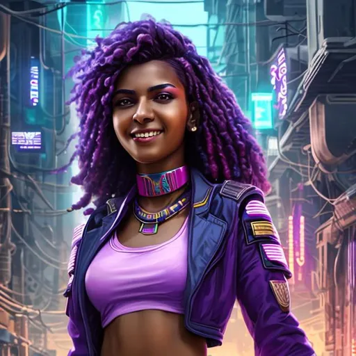 Prompt: attractive hot late-twenties african egyptian woman female, medium-brown skin, smile, spiked purple haircut, government uniform, tropical island cyberpunk, portrait, realistic details, photorealistic, 8k render, cinematic lighting, ultra detailed