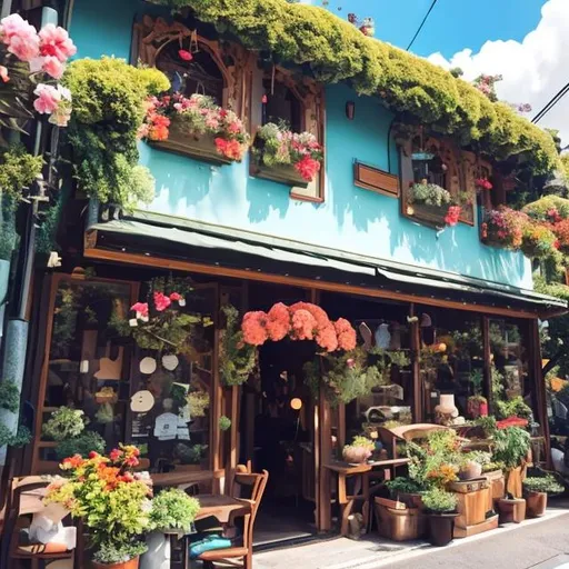 Prompt: ghibli style cafe, coffee, flowers, sunshine and fluffy clouds outside