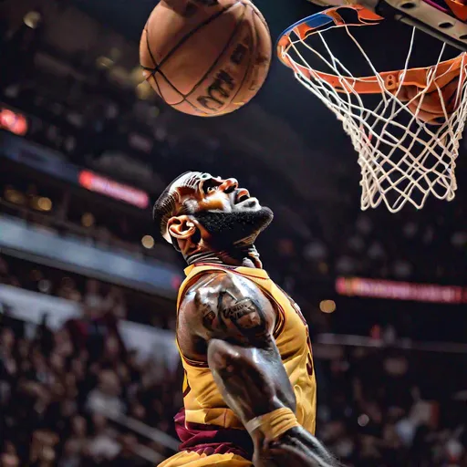 Prompt: LeBron James qui dunk sur le panier de basket
