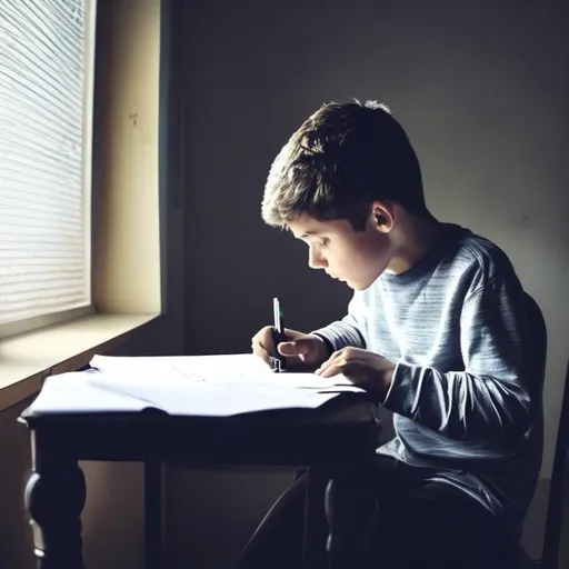Prompt: A young boy sitting alone in a room and writting something on a paper with a pen