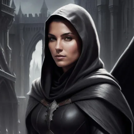 Prompt: A hyper realistic full body image of a  average appearance muscled human female, cloak with hood down, black shirt, aurelia duvaimen, highly detailed, digital painting, Trending on artstation, HD quality, d&d, fantasy, high art, castle background