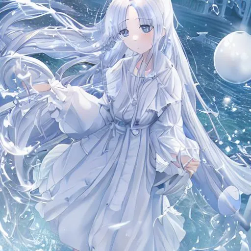 Prompt: young girl with white long hair water orbe 