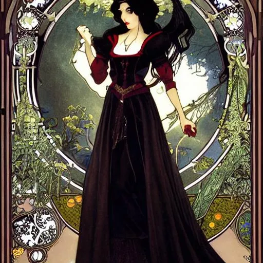 Prompt: Full body splash art of Snow White as a vampire queen, long curly hair, intricate, elegant, wide angle, highly detailed, extremely detailed, HD, digital painting, smooth, sharp focus, illustration, art by alphonse mucha and John William Waterhouse, dark, eerie, gothic, creepy, horror