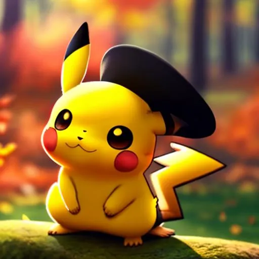 Prompt: Pikachu wearing a black hat outside standing on a rock during the Autumn season, fall trees in the background, reflective eyes, yellow fur, anime