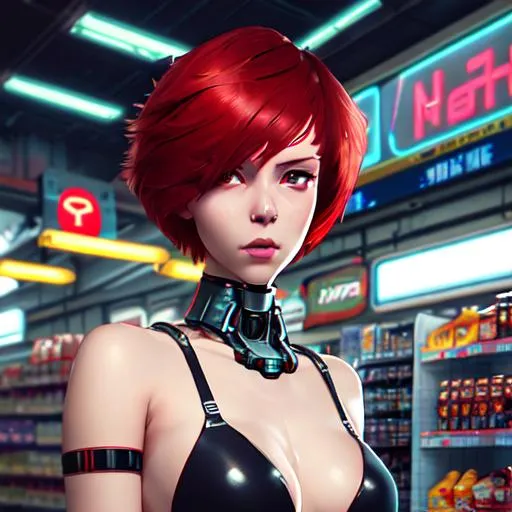 Prompt: A ultradetailed beautiful panting of a stylish beautiful cyberpunk ROBOT in a cyberpunk convenience store, Asymmetric red hair cut, Oil painting style, by Ilya Kuvshinov, Greg Rutkowski and Makoto Shinkai,cyberpunk aestethic, heavenly beauty, barely clothed