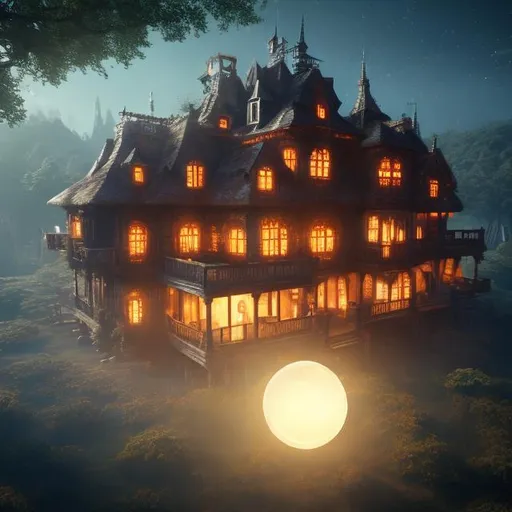 Prompt: Fantasy, CGI, behind old wooden mansion, floating sphere, bright blue light, pixels floating off.