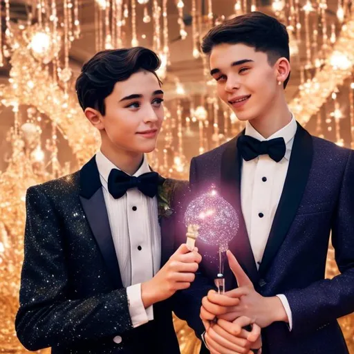 Prompt: Boy in a tuxedo holding his magic wand and standing next to his girlfriend who is in a big red puffy sparkly ball gown at prom