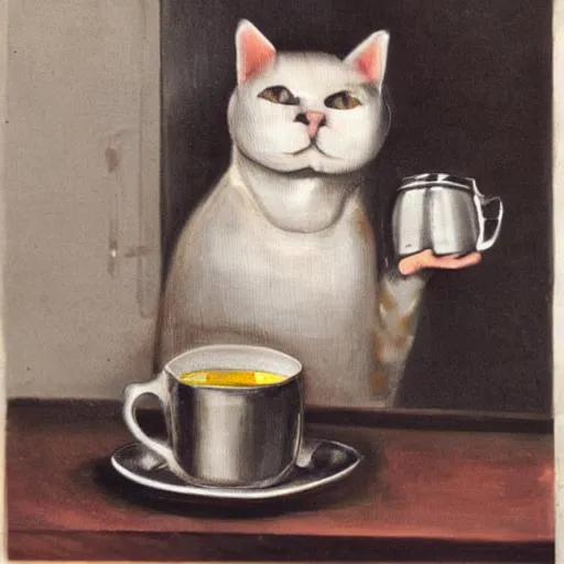 Prompt: Cat with cup of tea
