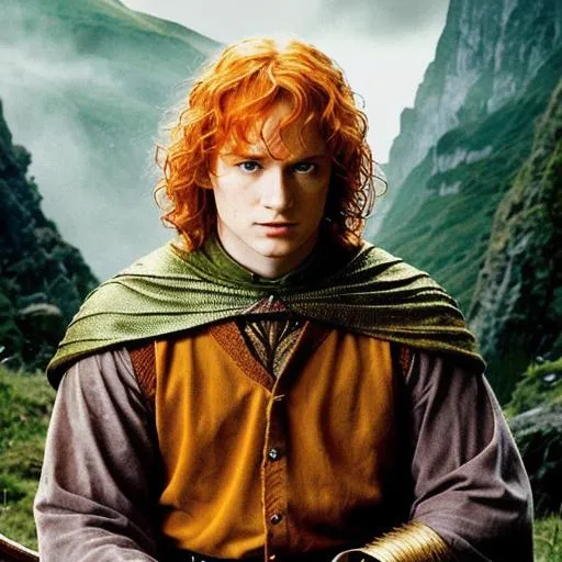 Prompt: A king from the lord of the rings series with Orange Hair and green eyes