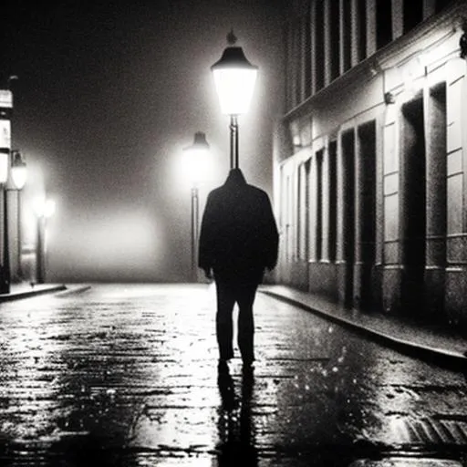 Prompt: walking in dark street in street light. alone one man in midnight. 
no light in the street just some fades. and raining.
