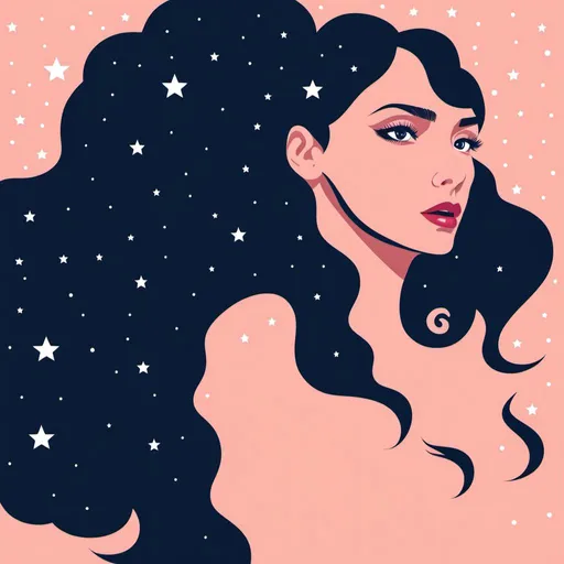 Prompt: vector, portrait, illustration, 1girl, woman, black space hair, stars, beautiful