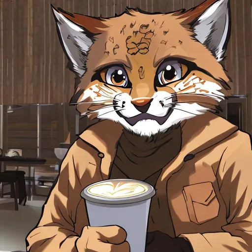 Prompt: anime bobcat holding coffee