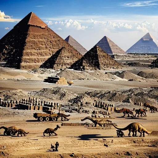 Prompt: Dinosaurs building the Great Pyramids of Egypt