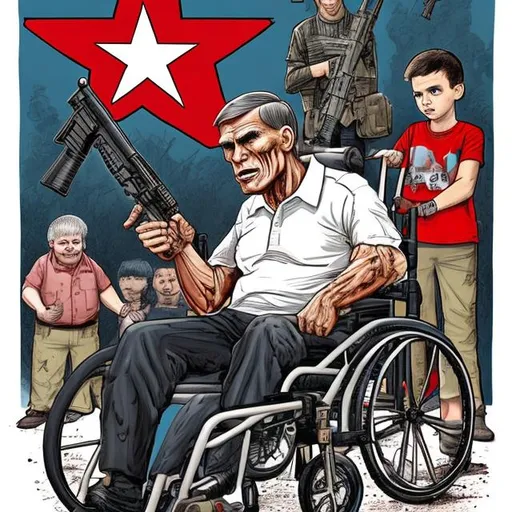 Prompt: Political Cartoon: Texas Governor Abbot with a mashine gun in wheelchair hands AR15 weapons to blood-dripping small troubled kids, small children,  red texas map, rifles, gun range scene, muted colored, Sergio Aragonés MAD Magazine cartoon style