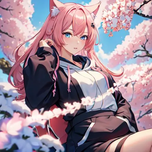 Prompt: Japan as a female human, 8k, UHD,  highly detailed, pink hair, blue eyes, cat ears, wearing a hoodie