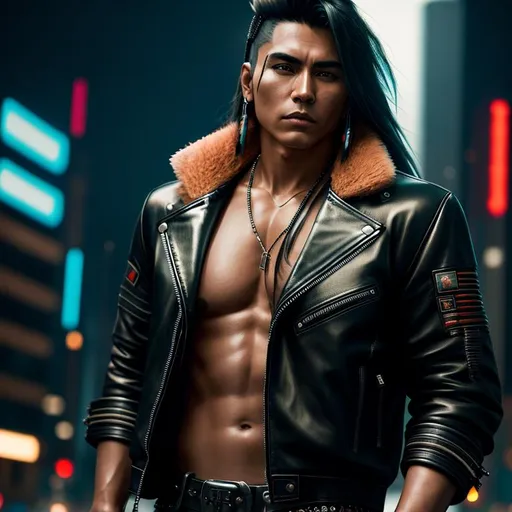 Prompt: cyberpunk style,  Native American Male, wearing a leather jacket with Guitar, No Shirt under jacket
raw photo, photorealistic, High Detail, dramatic, UHD, HDR raw photo, realistic, sharp focus, 8K high definition, insanely detailed, intricate, high quality, 