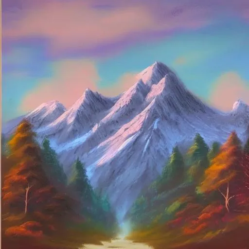 Prompt: Bob Ross style mountain in pastel colors