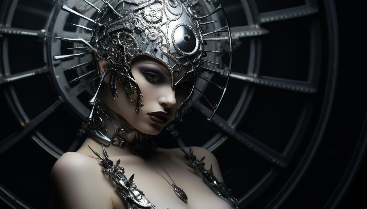 Prompt: london artist hsinalu scifi clock, in the style of fashion photography, dark silver and silver, canon eos 5d mark iv, body art, aggressive digital illustration, blink-and-you-miss-it detail, back button focus --ar 128:73 --v 5.2