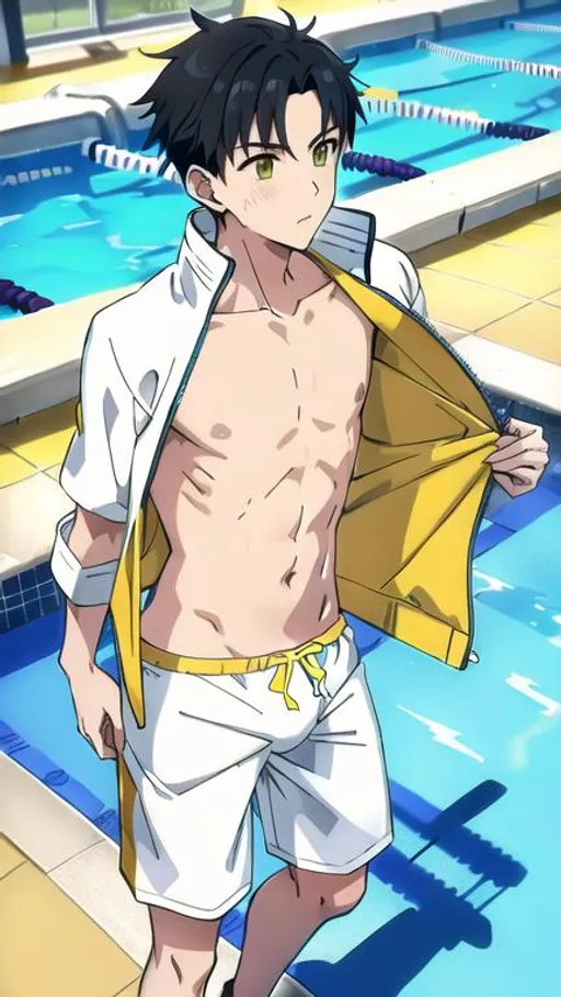 Prompt: Young male, Yellow swim jammers, resort pool, Lycra, [white swim parka], tender, bare chest 