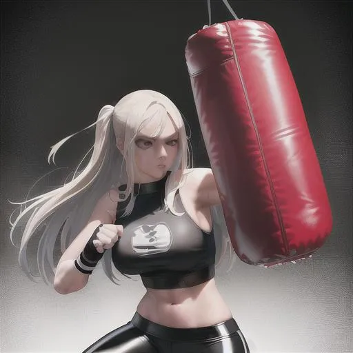 Prompt: punching bag punching, high quality, bloody, punching bag,Best quality, tall girl, (punching bag:1.2), master piece, leggings , muscle, bloody punching bag, latex ,ultra detailed, realistic, 4k, fight punching, open finger gloves ,anime style,punching fighting, beauty girl, pretty ,detailed face, broken punching bag, punching bag pierce