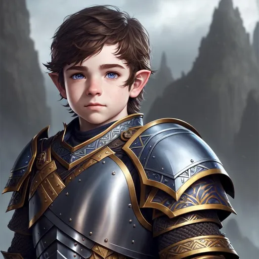 Prompt: young halfling man with brown hair and dark blue eyes | wearing heavy armour | ultra-fine details, intricate scene, ambient lighting, symmetrical facial features, accurate anatomy, sharp focus, final fantasy cgi still, artgerm, taken on nikon d750, scenic, splash art, tumblr instagram