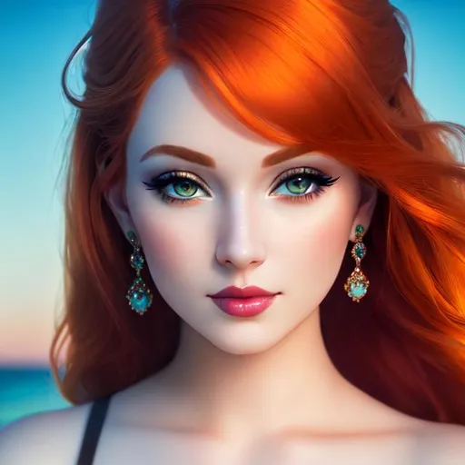 Prompt: a beautiful mermaid with pale skin and orange hair  and lips, 4k,  facial closeup



