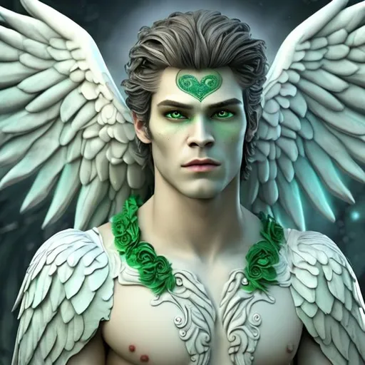 Prompt: a highly detailed image of a handsome man with an atracttive body and a perfect face with green deep eyes and a pair of white angel wings
