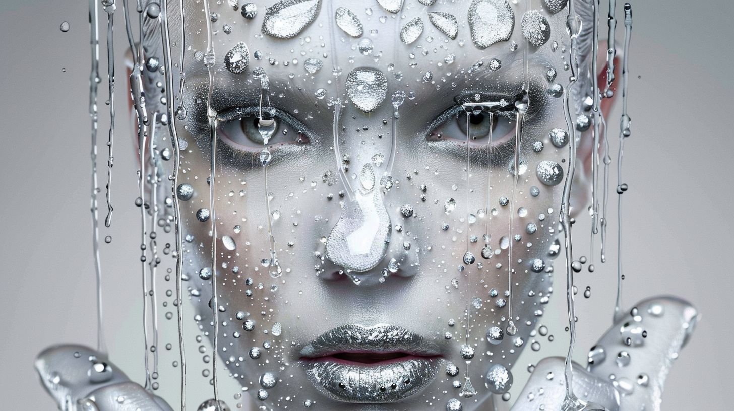 Prompt: a woman with silver hair and makeup is shown in this artistic photo of water droplets on her face, Dirk Crabeth, psychedelic art, iris van herpen
