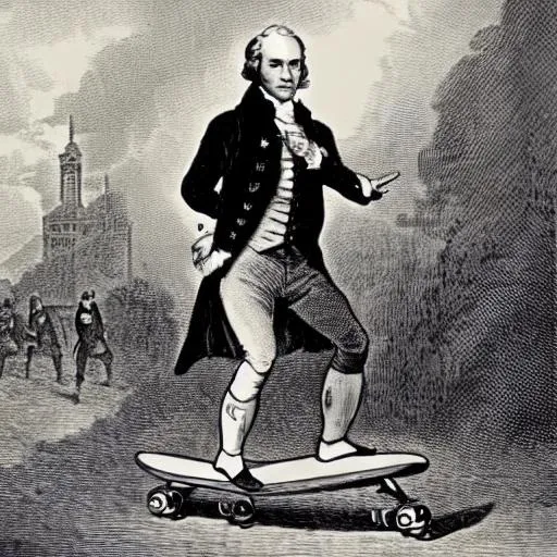 Prompt: Alexander Hamilton riding a skateboard