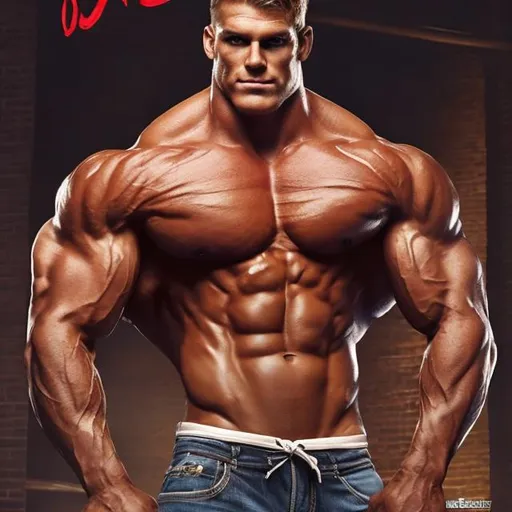 Prompt: Very strong, tanned skin, muscles the size of watermelons, he is very handsome, 8-pack, blonde hair, thick body hair, lots of tattoos, flirtatious smirk, his muscles are bulging, full body, ultra realistic, he is humongous, 8 feet tall, bodybuilder pose 