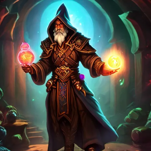 Prompt: A Diablo wizard with a magic orb in its hand and the back ground is a potion shop
