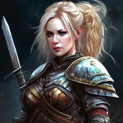 Prompt: Battle, Female warrior, Busty, blonde, Talking , rpg, medieval,  photorealistic, art, art station, high detailed, full body view 