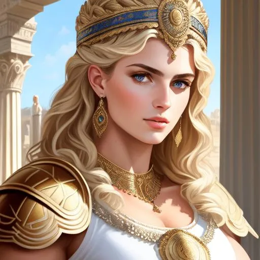 Prompt: Face Portrait of a epic character female twenty-year-old roman heroine,  large chest, intricate physique, blonde unruly hair, tanned capri-pants armour "authentic roman greek clothes"  "white tunic" oil painting style, Sparth style, Caravaggio Style, high quality, masterpiece,  highres, beautiful, handsome, biceps, UHQ  oil on canvas, cyan and brown, neon, inksplatter, acrylic painting, dynamic pose, belts,
sandals, architecture background, dramatic lighting, divine proportions 