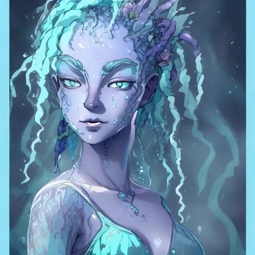 Prompt: Water Genasi with pale bluegreen skin, and long blue to purple hair