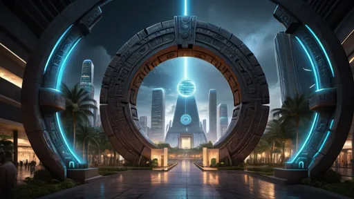 Prompt: magical portal between cities realms worlds kingdoms, circular portal, ring standing on edge, upright ring, freestanding ring, hieroglyphs on ring, complete ring, ancient mayan architecture, gardens, hotels, office buildings, shopping malls, large wide-open city plaza, panoramic view, dark night, futuristic cyberpunk tech-noir setting