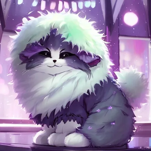 Prompt: Fluffy cute ball that is a kimono, purple fluff, blossom desgin, green eyes, sitting by a spaceship, masterpiece, best quality, ((In science fiction style))