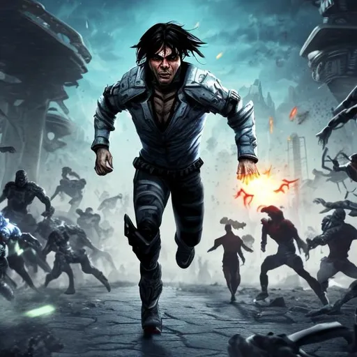 Prompt: caucasian man with black hair, in a futuristic setting, running from a horde