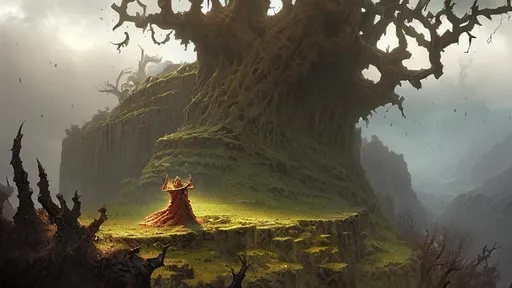 Prompt: Marc simonetti, portrait, a barbaric priestess makes a sacrifice on a cliff crowned with a blasted tree