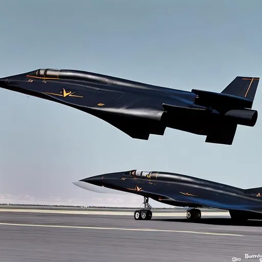 Prompt: "Create a detailed image of the iconic Lockheed Martin SR-71 Blackbird, capturing its sleek design, distinctive shape, and impressive speed. Showcase its titanium construction, Pratt & Whitney J58 engines, and its significance as a groundbreaking aircraft in aviation history. Highlight the innovative features that allowed it to reach speeds exceeding Mach 3 and emphasize its role during the Cold War era."