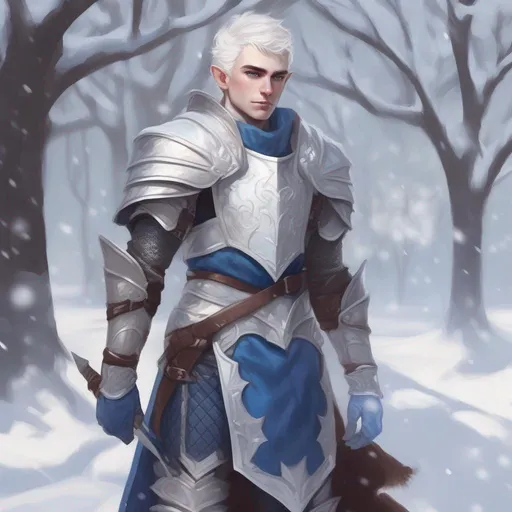 Prompt: DND a male elf with short fluffy white hair and blue eyes wearing plate armor in a snowy park