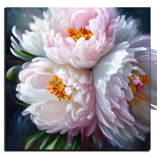 Prompt: PAEONIA ALERTIE realystic impressionist style 11 flowers bouquet ligthener white pink modern art style craced canvas dark background