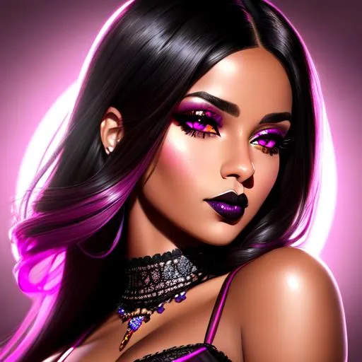 Prompt: Magenta colored eyes, portrait, long shot super detailed lifelike illustration, brown skin lady, black hair, cute face, black lipstick, black eyeshadow, dark aesthetic, realistic face, large realistic eyes, smooth soft skin, soft lighting, perfect ratio, symmetrical face, realistic hands, intricate artwork, highly detailed, perfect composition, sharp focus