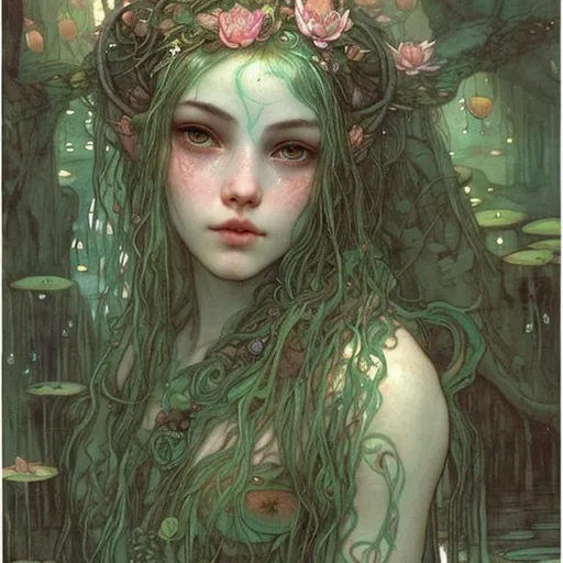 Prompt: Portrait Druid witch Girl with pretty detailed face and sea foam green hair in a pond with peach water lilies and lush lotus leaves at sunset and hanging lanterns by John bauer high contrast John William Waterhouse high bloom concept art peach color