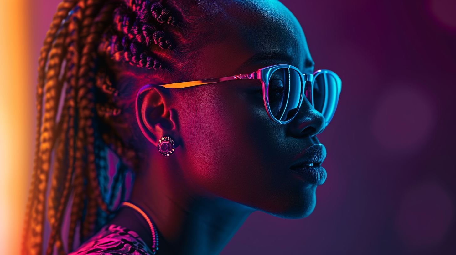 Prompt: Artistic rendition with photorealistic details capturing a woman surrounded by the allure of neon. Her braided hair and the soft glow of her sunglasses are distinguishing features. The neon colors — blue, orange, and pink — cast a vibrant hue on her visage, further accentuated by shimmering crystal accents. The setting transitions gracefully from a captivating purple to a deep navy in the background.