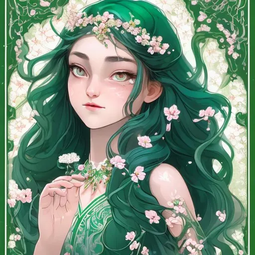 Prompt: A fair-skinned girl with delicate white flowers intricately woven on the right side of her face, cascading down her neck and adorning her arm with a graceful flourish of blossoms. Her long, flowing hair is a vibrant shade of green, complementing her strikingly light green eyes. She wears an enchanting, floor-length gown that exhibits an asymmetrical design. On her back, she boasts majestic, colossal fairy wings in a verdant hue.